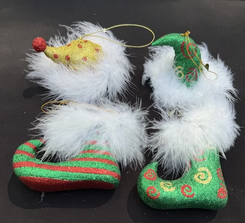 2 Vintage Department 56 Whimsical Elf Shoes & Hat Christmas ornaments -Lo10